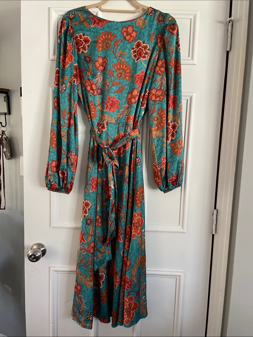 Flying Tomato Teal and Rust Satin Jacquard Floral Long Sleeve Belted Midi Dress